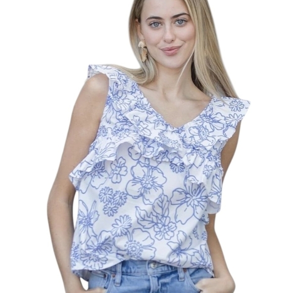 Michelle McDowell Cotton Blend Ruffled Summer Top Cottagecore Boho Casual Medium - Picture 1 of 6